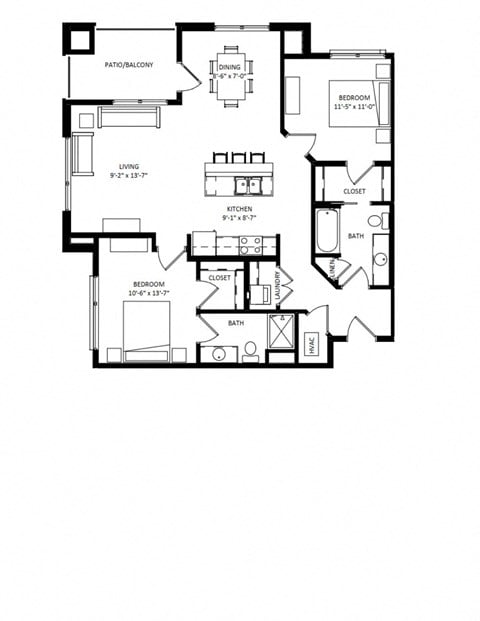 Floor plan for 2 beds, 2 baths, 1040 sqft
